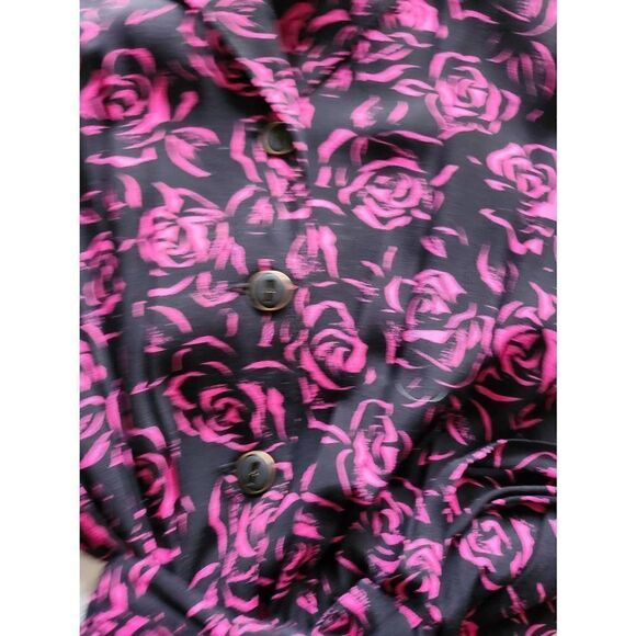 Rose Print Full Button Front Black and Pink Vintage Nu Mode Dress 60s Pinup Flor - Picture 7 of 8